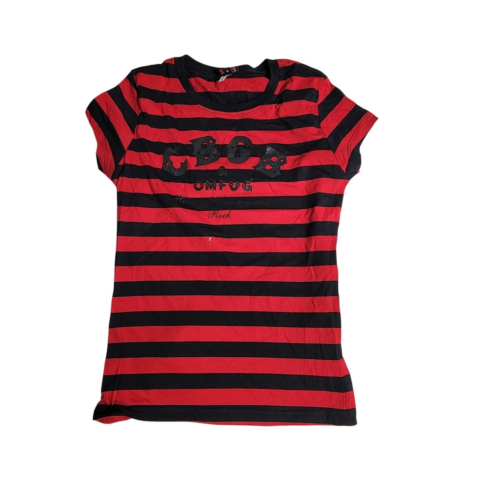 CBGB OMFUG Red Black Striped Graphic T-Shirt Punk Rock Music Tee Small